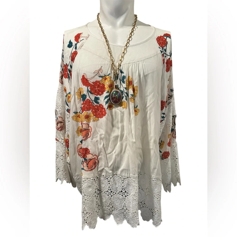 Boho Cream Floral Crochet-Hem Tunic Top - Picture 1 of 6